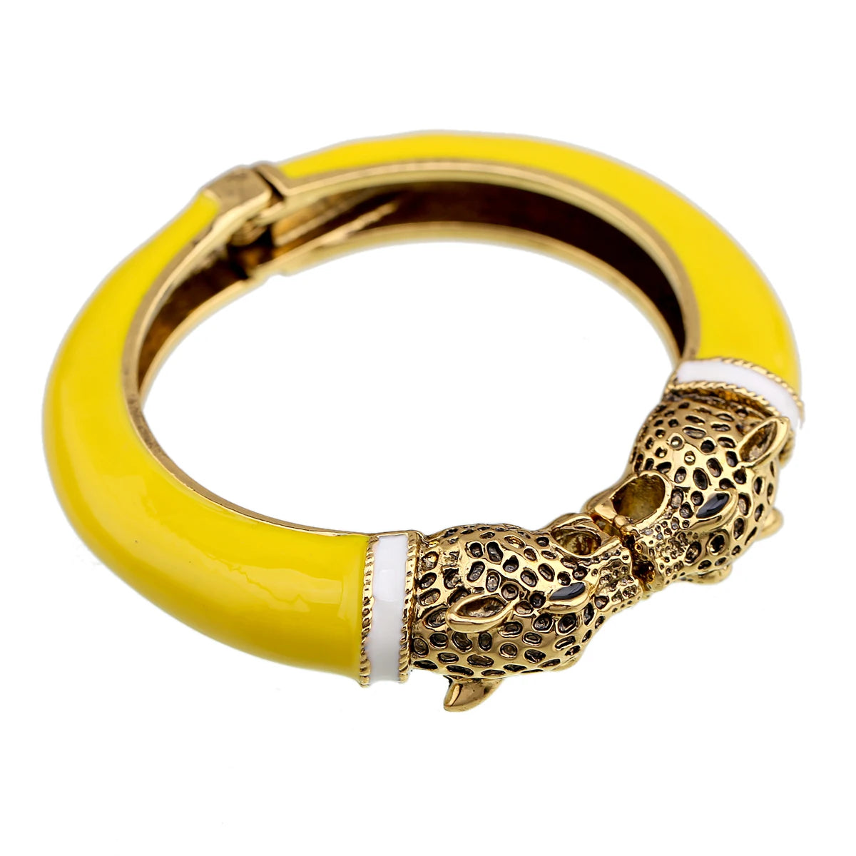 Double Leopard Head Enamel Cuff Bracelet for Women