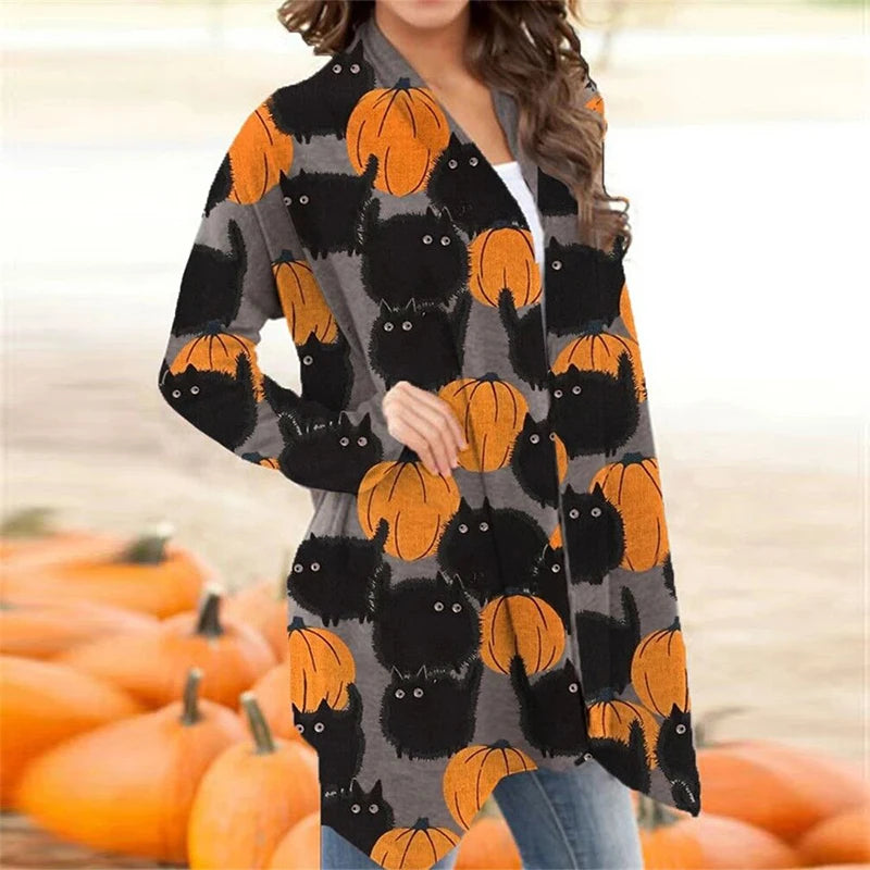 Skull Pumpkin Print Open Front Long Cardigan for Women