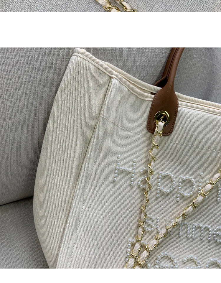 New Women Tote Bag Fashion Canvas Large Handbag Chains Genuine Leather Shoulder Bags Ladies Big Messenger Bag Shopping Bag