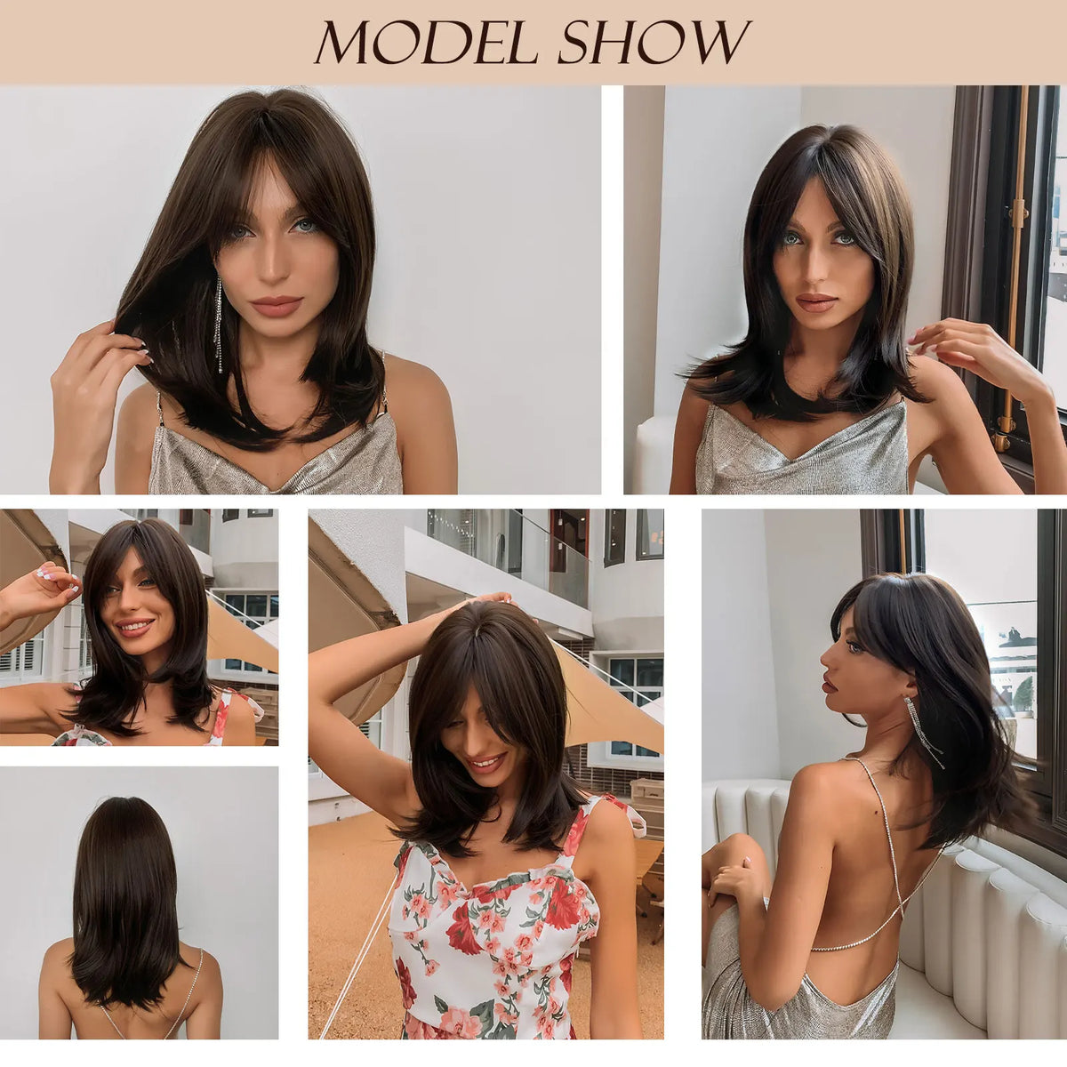 Dark Brown Synthetic Layered Wig With Bangs for Women