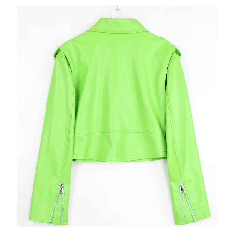 Faux Leather Short Biker Jacket with Zipper and Epaulets for Women