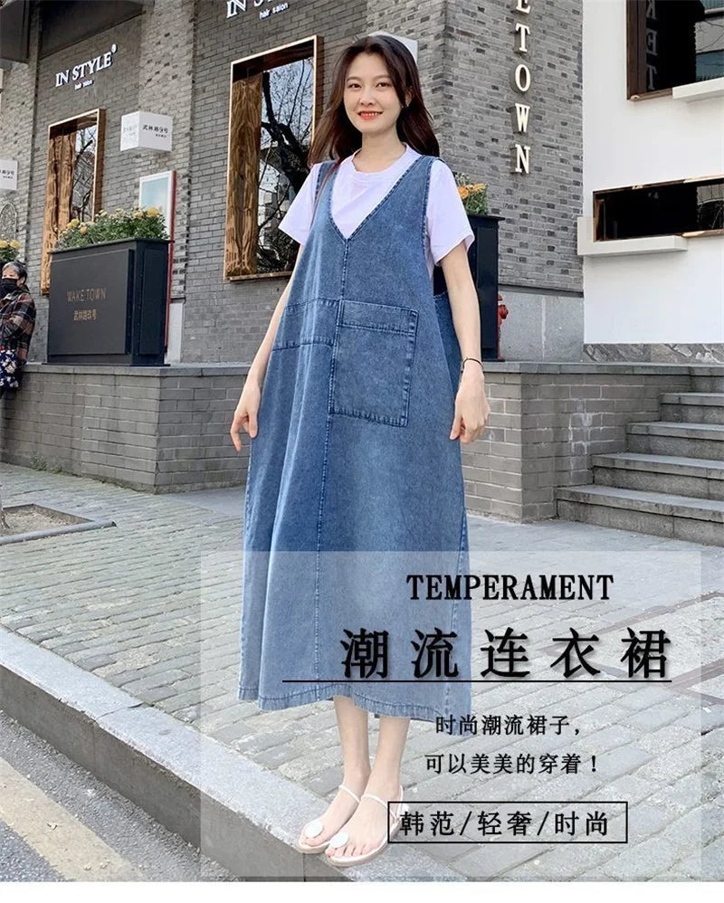 Fashion Women Denim Suspender Dress Loose V-Neck Sleeveless Suspender Dress Female Short Sleeve T-Shirt+Jeans Dresses Sets
