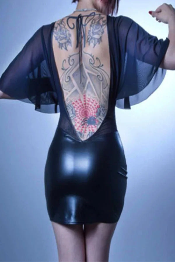 Plus Size Backless Lace PVC Leather Mini Dress for Women