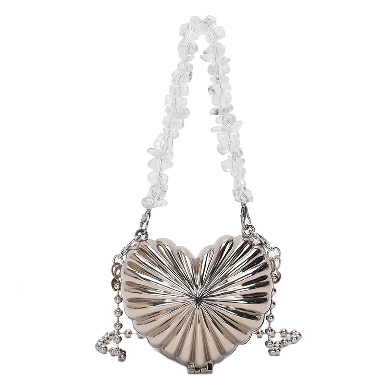 Elegant Heart Charm Metal Chain Mini Shell Bag for Women