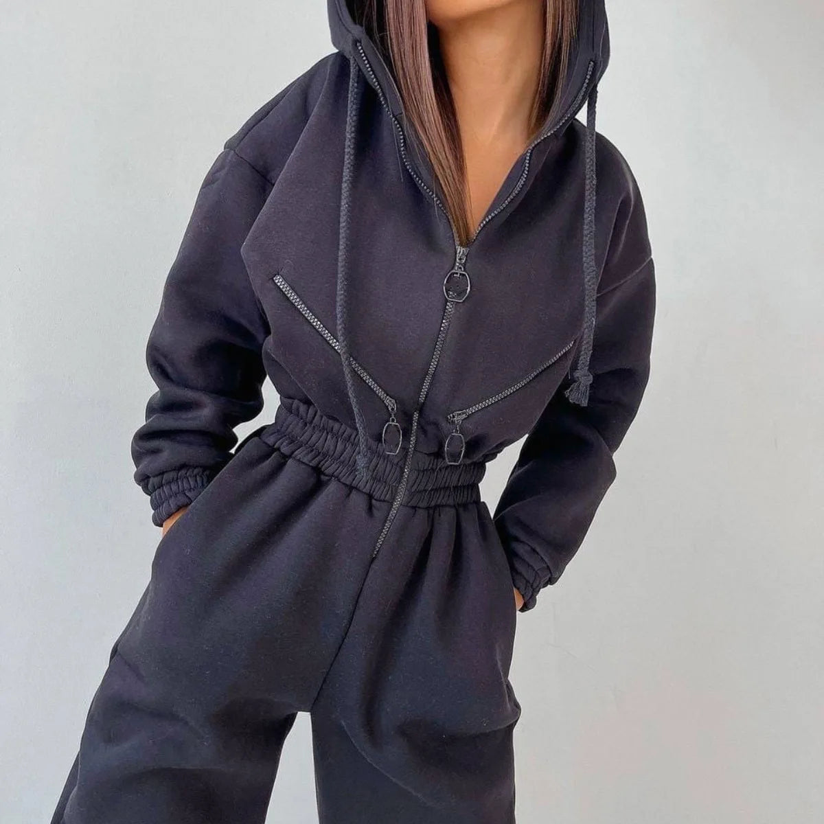 Casual Long Sleeve Hooded Jumpsuit With Pockets for Women