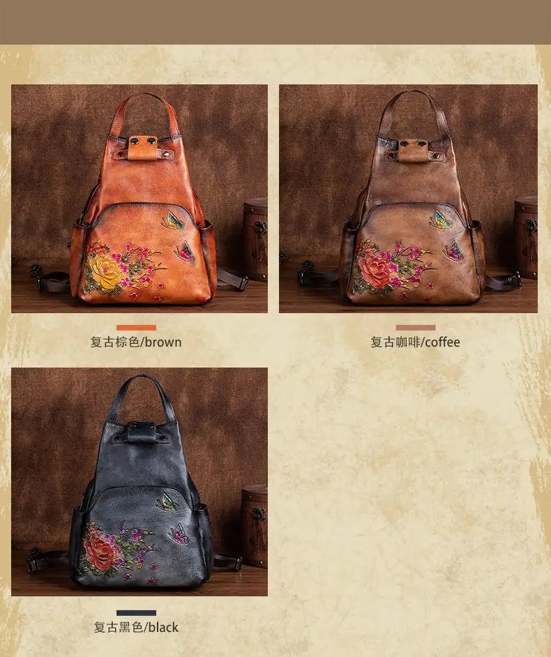 Genuine Leather Embossed Vintage Shoulder Bag for Women