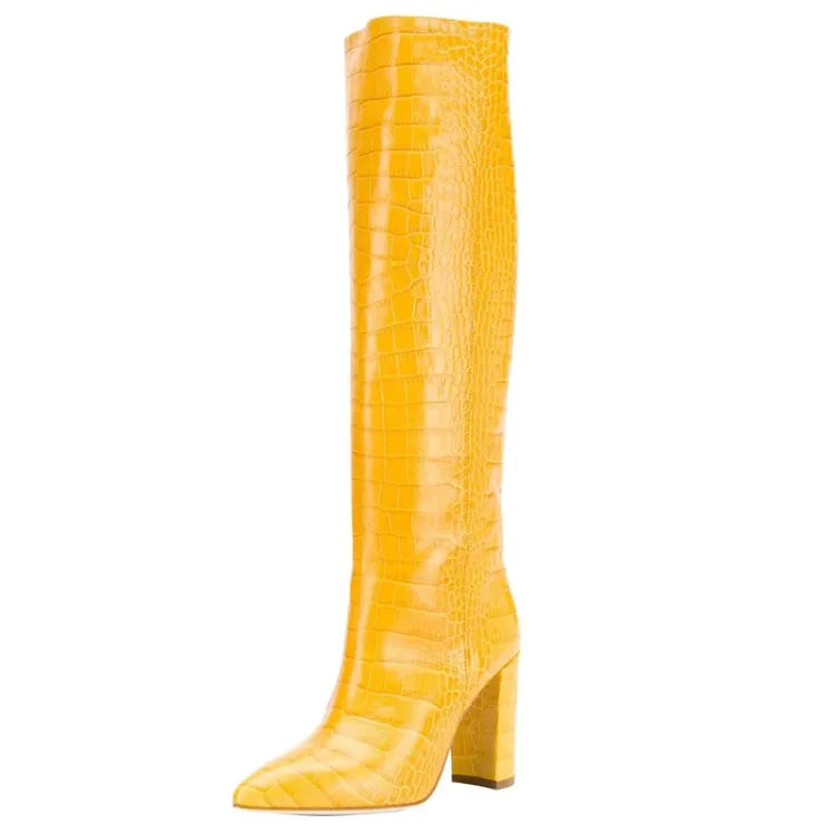 Pointed Toe Slip On Leather Knee High Boots for Women