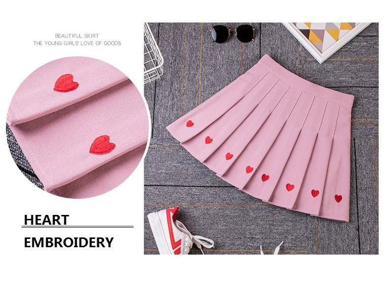 Black Heart Embroidery Pleated Mini Skirt Women Summer Girl High School Student Skirt Sweet High Waist Skirt Aline Saia Feminina