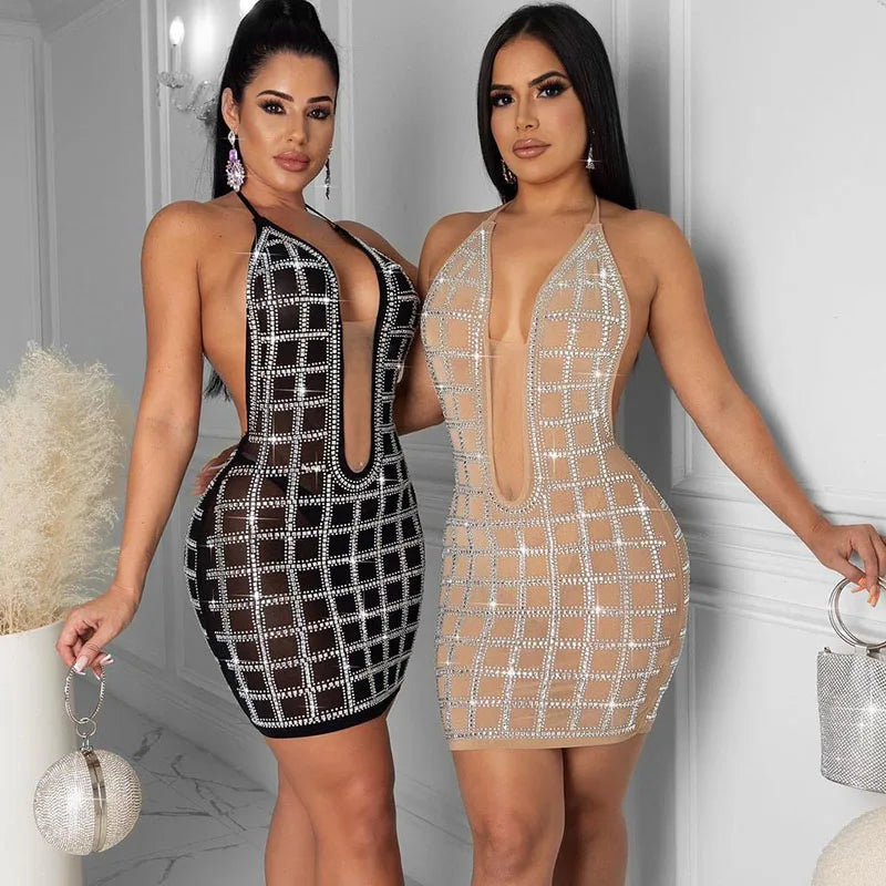 Rhinestone Halter Backless Bodycon Dress for Women