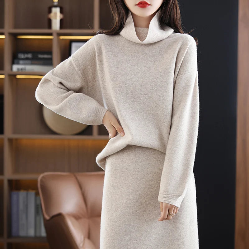 Wool Cashmere Knit Sweater and Skirt Two Piece Set for Women