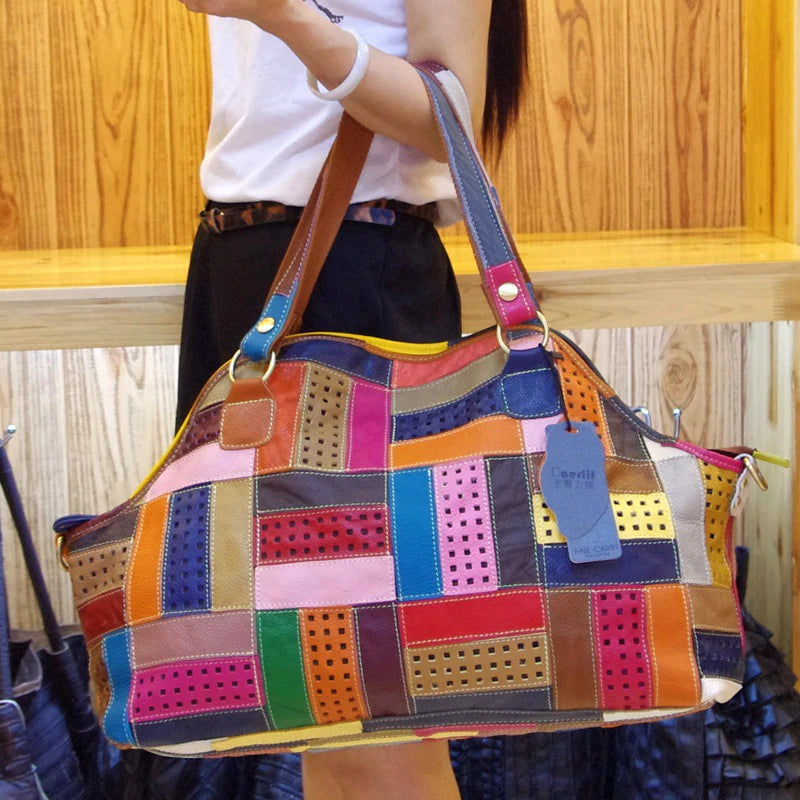 Patchwork Genuine Leather Shoulder Tote Bag for Women