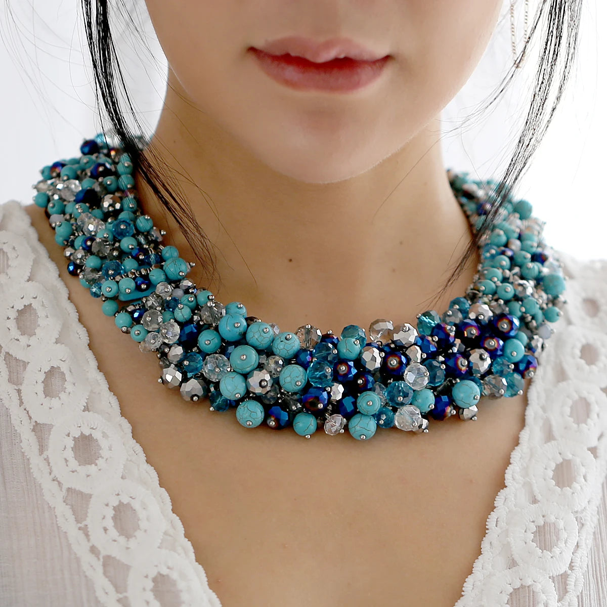Double Layer Turquoise Bead Statement Necklace for Women