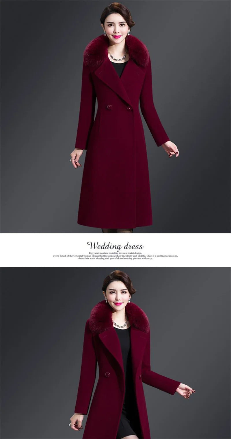 High Quality Big Fur Collar Woolen Coat Women Belt Knee-Length Double Breasted Mid-Long Woolen Jacket For Autumn Winter Outcoat