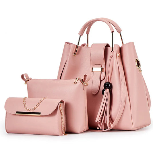 High Quality Women' s 3 Pcs Set Large Capacity Handbag Solid Color Purse Shoulder Messenger Bag Pu Leather Tote Bag