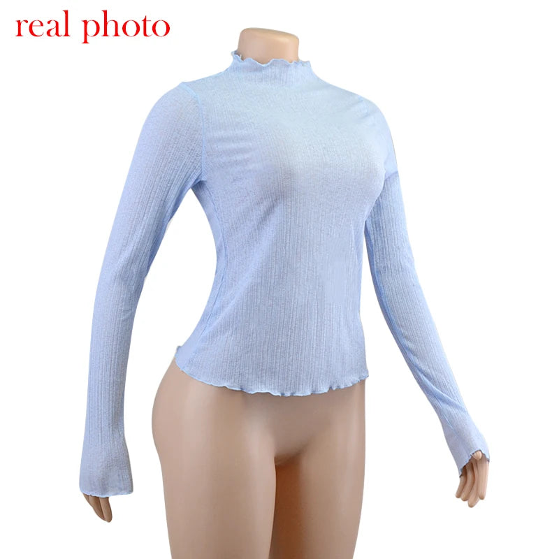 Cryptographic 2025 Fall Elegant See Through Long Sleeve Mock Neck Women Tops Fashion Streetwear Sexy T-Shirts Tees Slim Clothes