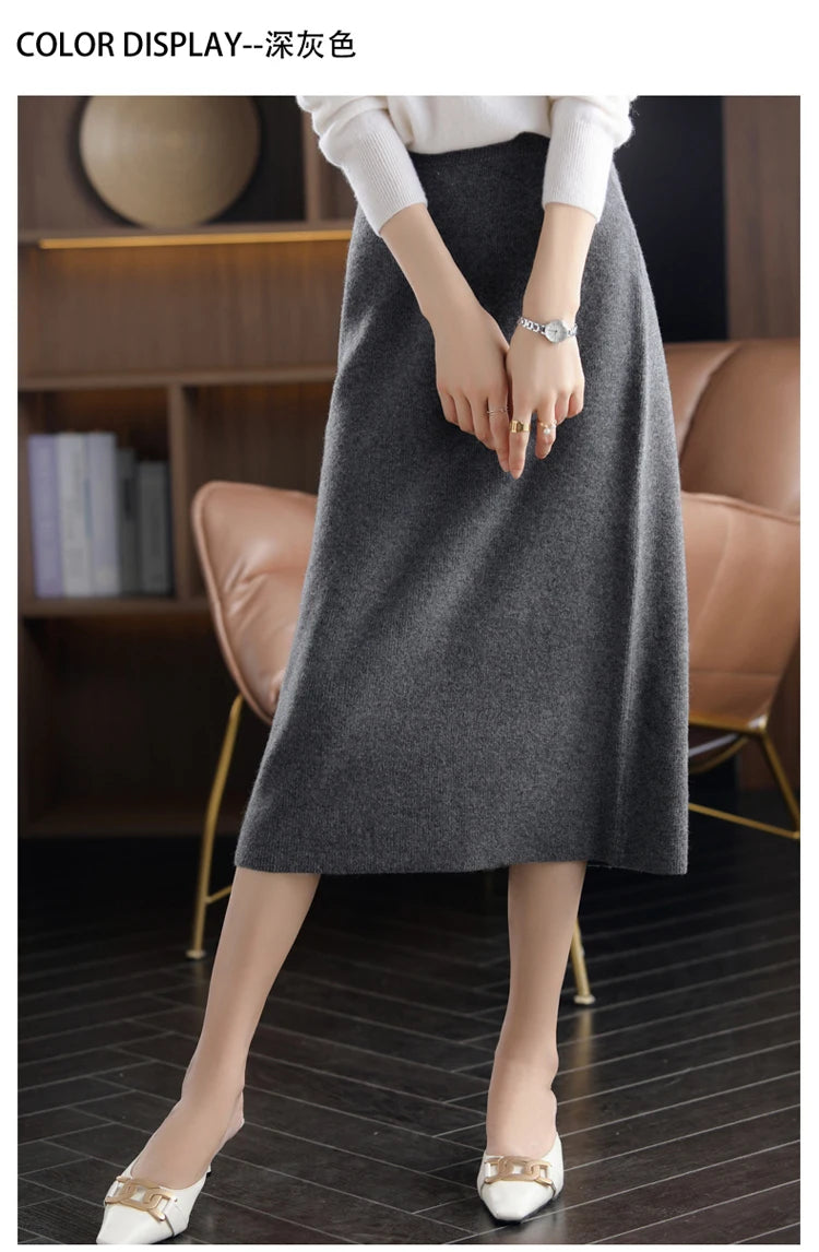 Pure Wool High Waist Knit A-Line Midi Skirt for Women