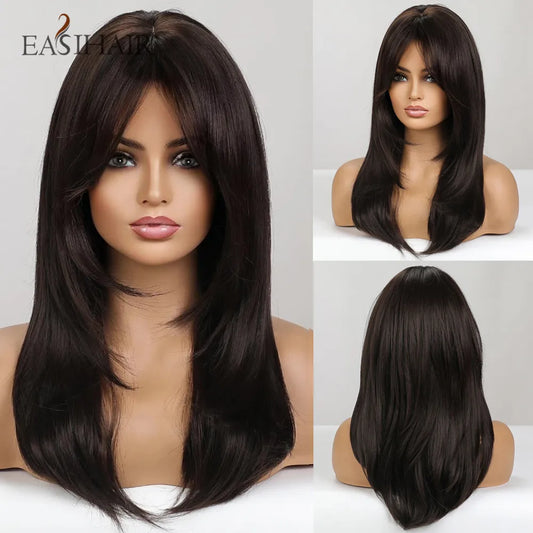 Dark Brown Synthetic Layered Wig With Bangs for Women