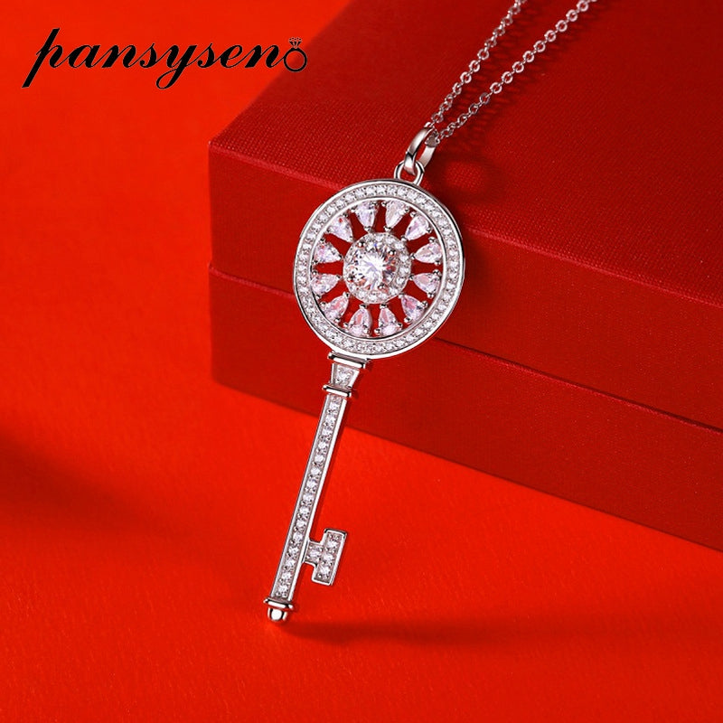 PANSYSEN Classic Key Shape 100% 925 Sterling Silver 0.5ct Real Moissanite Necklace Girls Wedding Engagement Party Gift Wholesale