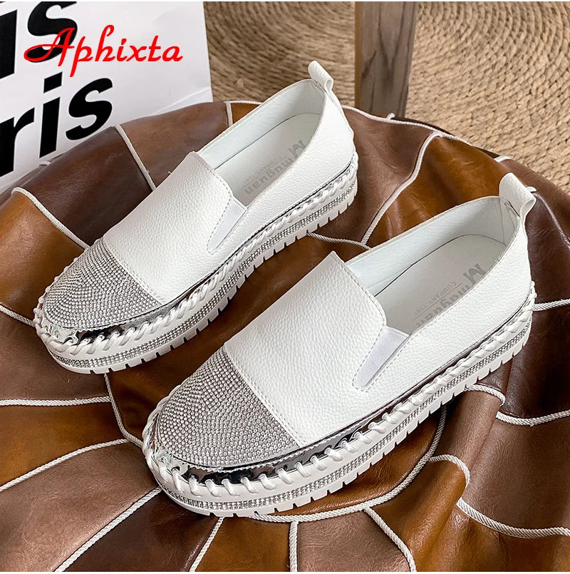 Luxury Crystal Embellished Leather Slip On Flats For Women