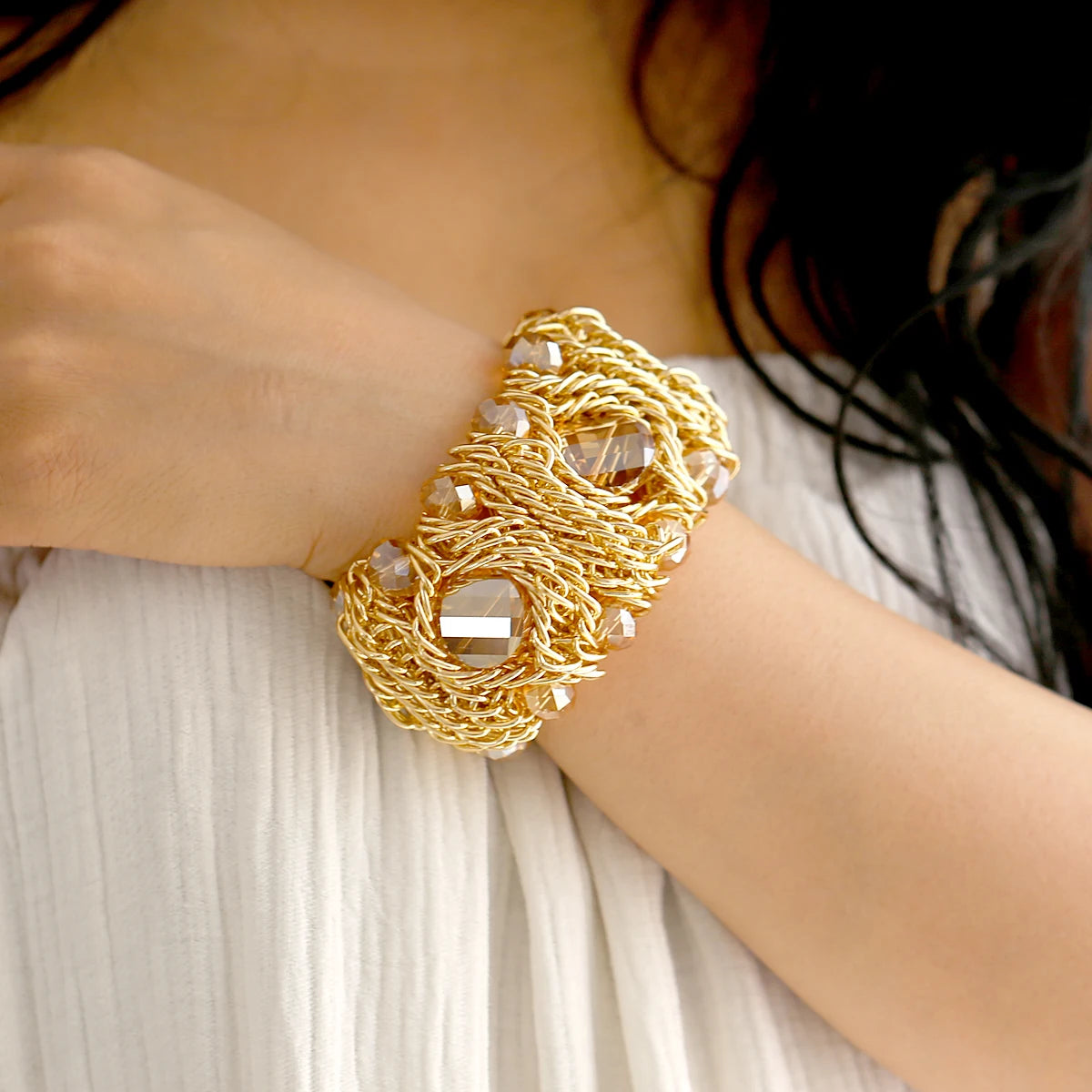 Beaded Crystal Statement Elastic Bracelet for Women
