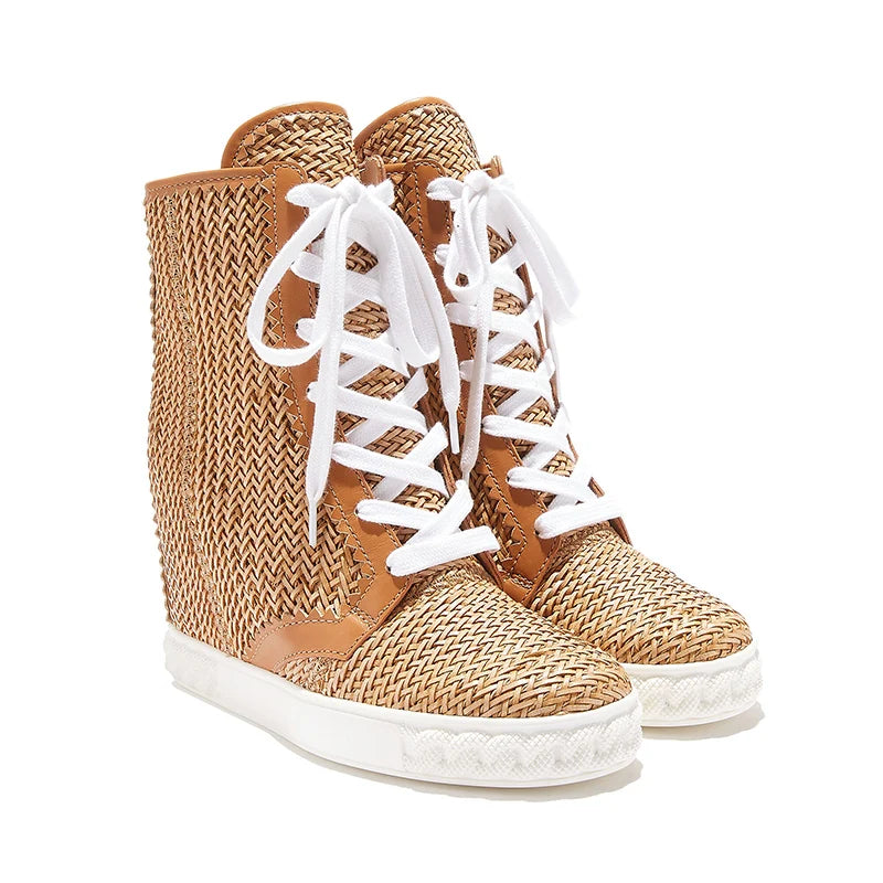 Breathable Brown Woven Lace Up Ankle Boots For Women