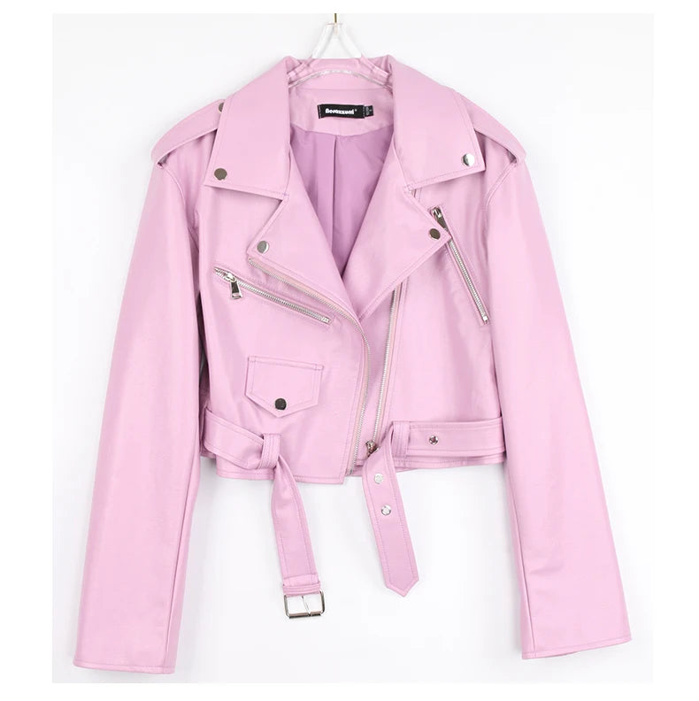Faux Leather Short Biker Jacket with Zipper and Epaulets for Women