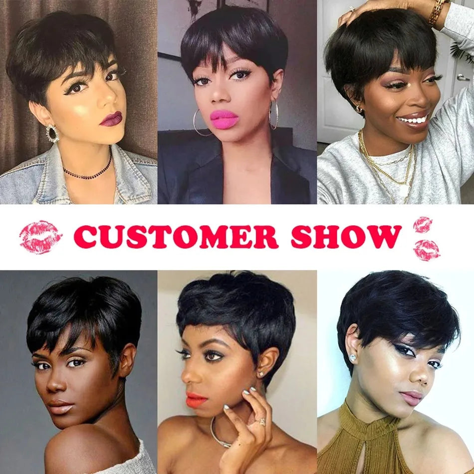 Layered Human Hair Pixie Bob Wig With Bangs for Women