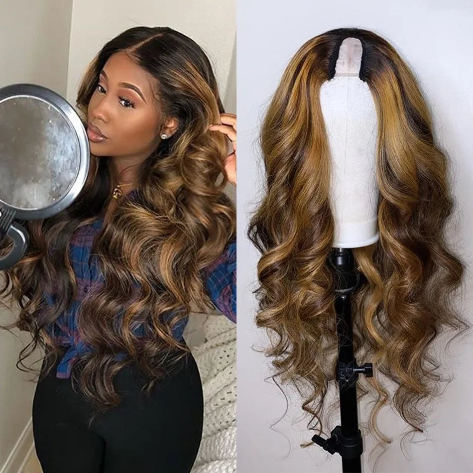 Natural Ombre Highlight V Part Human Hair Wig for Women