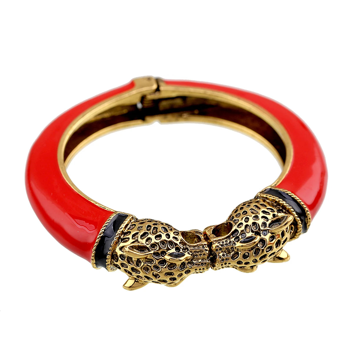 Double Leopard Head Enamel Cuff Bracelet for Women