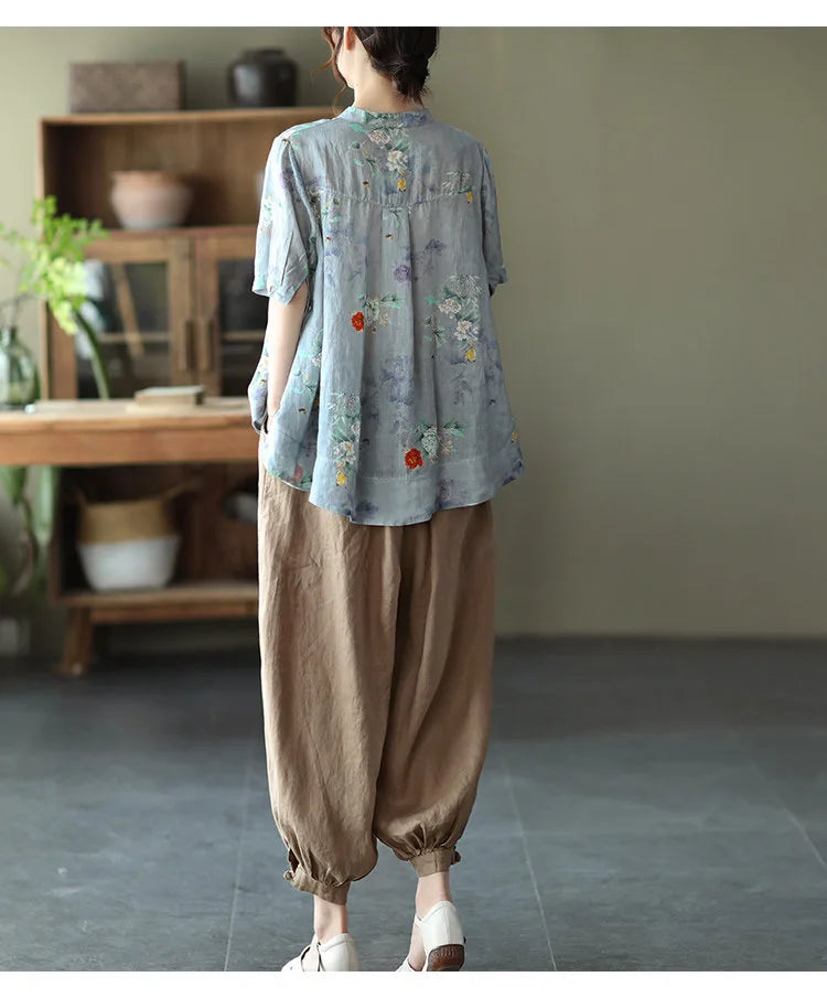 Relaxed Fit Floral Print Cotton Linen Short Sleeve Shirt for Women