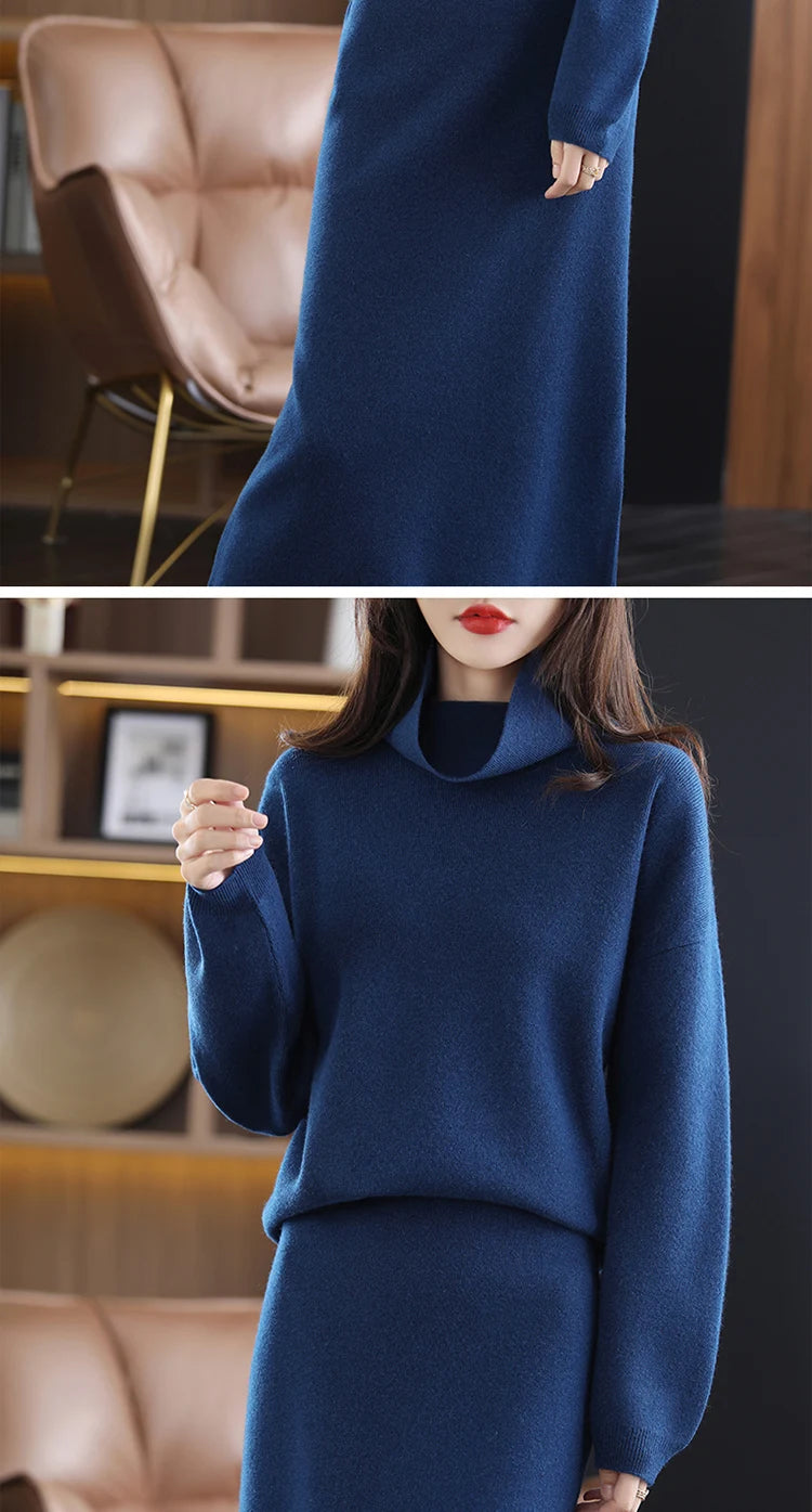 Wool Cashmere Knit Sweater and Skirt Two Piece Set for Women