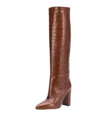 Pointed Toe Slip On Leather Knee High Boots for Women