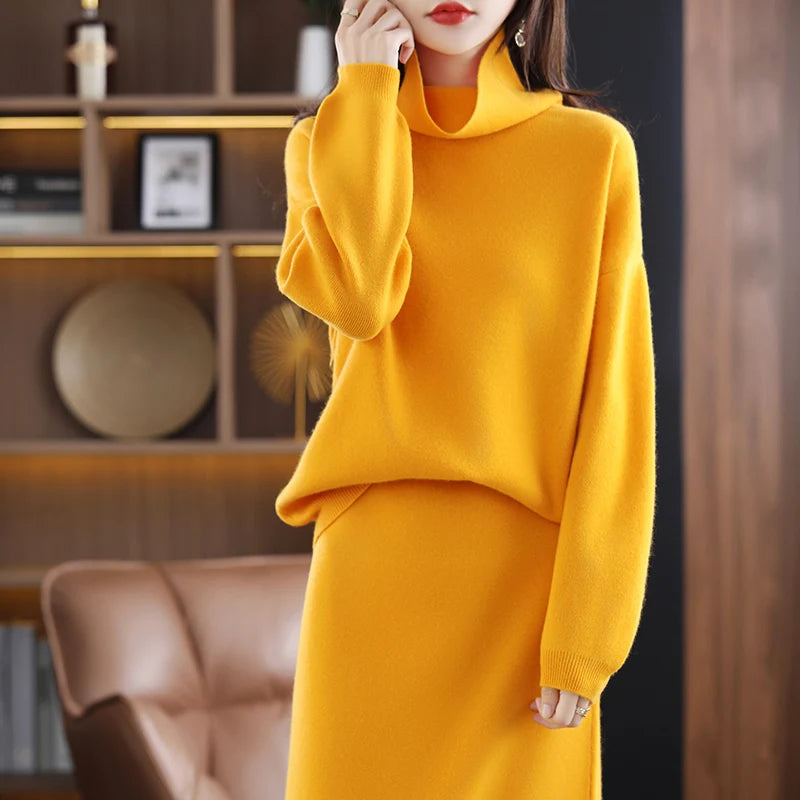 Wool Cashmere Knit Sweater and Skirt Two Piece Set for Women