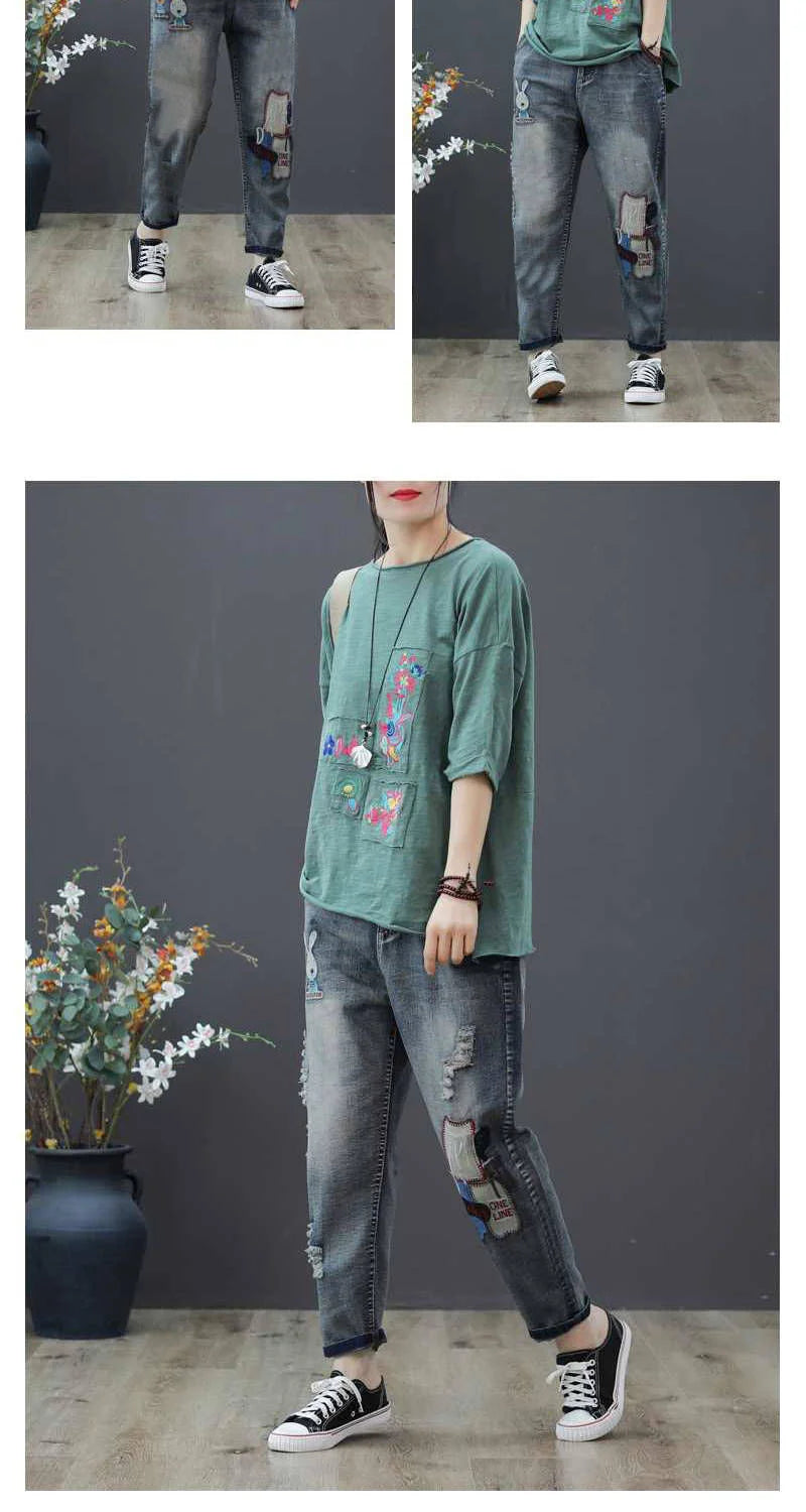Jeans Woman High Waist Spring Summer Retro Embroidery Denim Trousers Ladies Elastic Waist Harem Pants Loose Jean Femme Pant 124