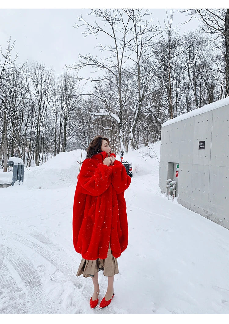 Soft Warm Fluffy Oversized Red Raglan Long Faux Fur Coat for Women
