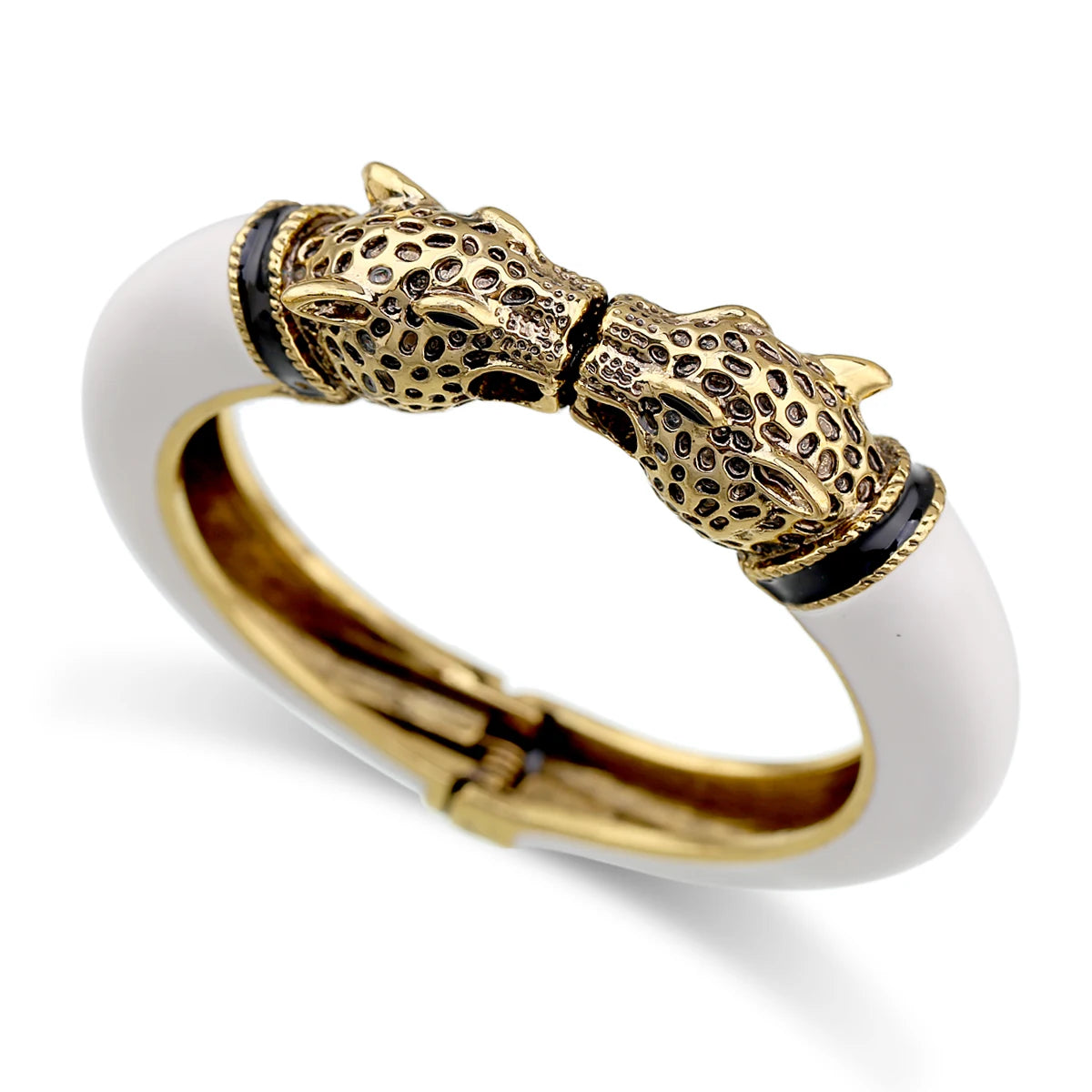 Double Leopard Head Enamel Cuff Bracelet for Women