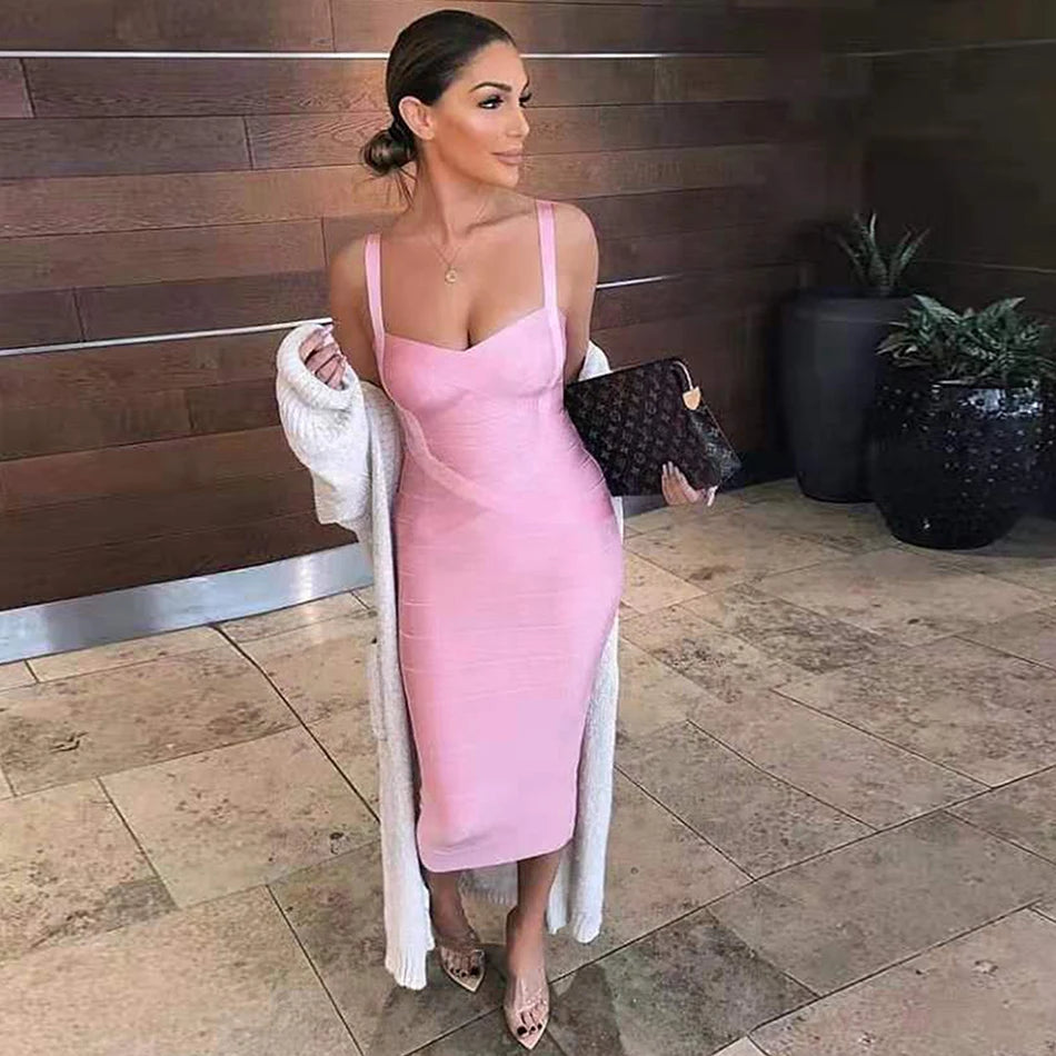 New 2024 Women Sexy Celebrity Midi Red White HL Elastic Bandage Dress Spaghetti Strap Club Bodycon Party Dress Wholesale HL434