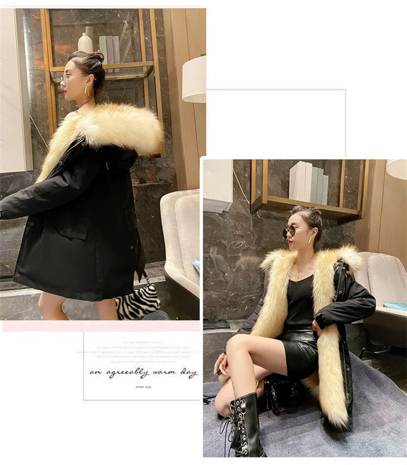 Winter Thick Warm Parkas Women Mink Detachable Inner Fur One Coat Long FauxFur Mink Cotton Jackets Female Hooded Chaquetas Mujer