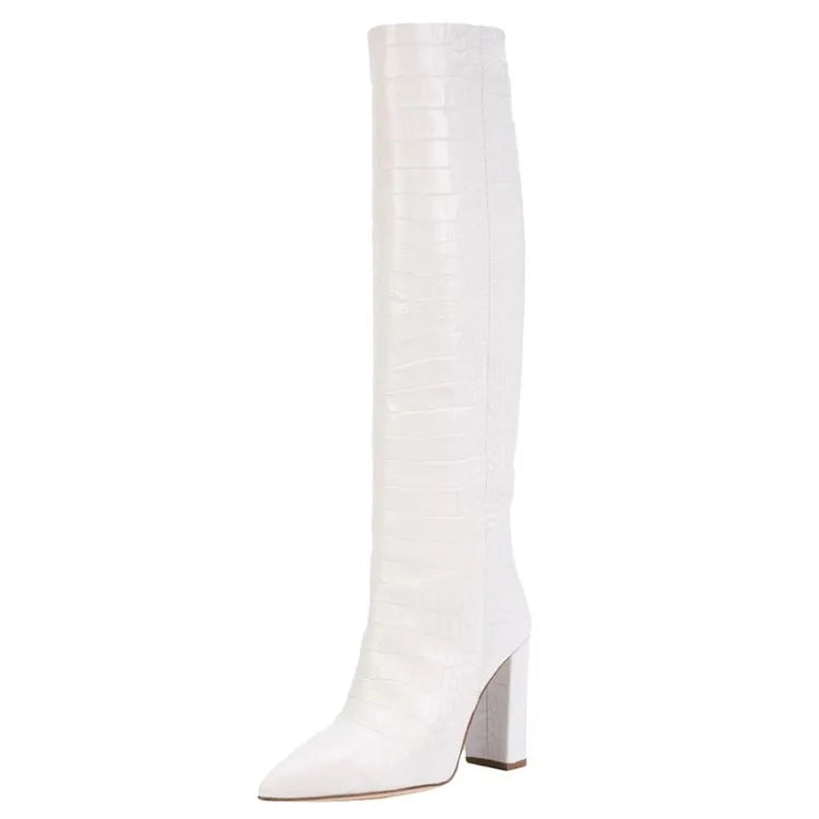 Pointed Toe Slip On Leather Knee High Boots for Women