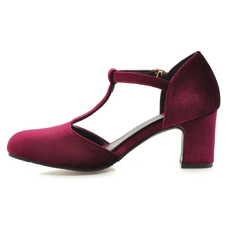 Velvet T Strap Square Heel Mary Janes