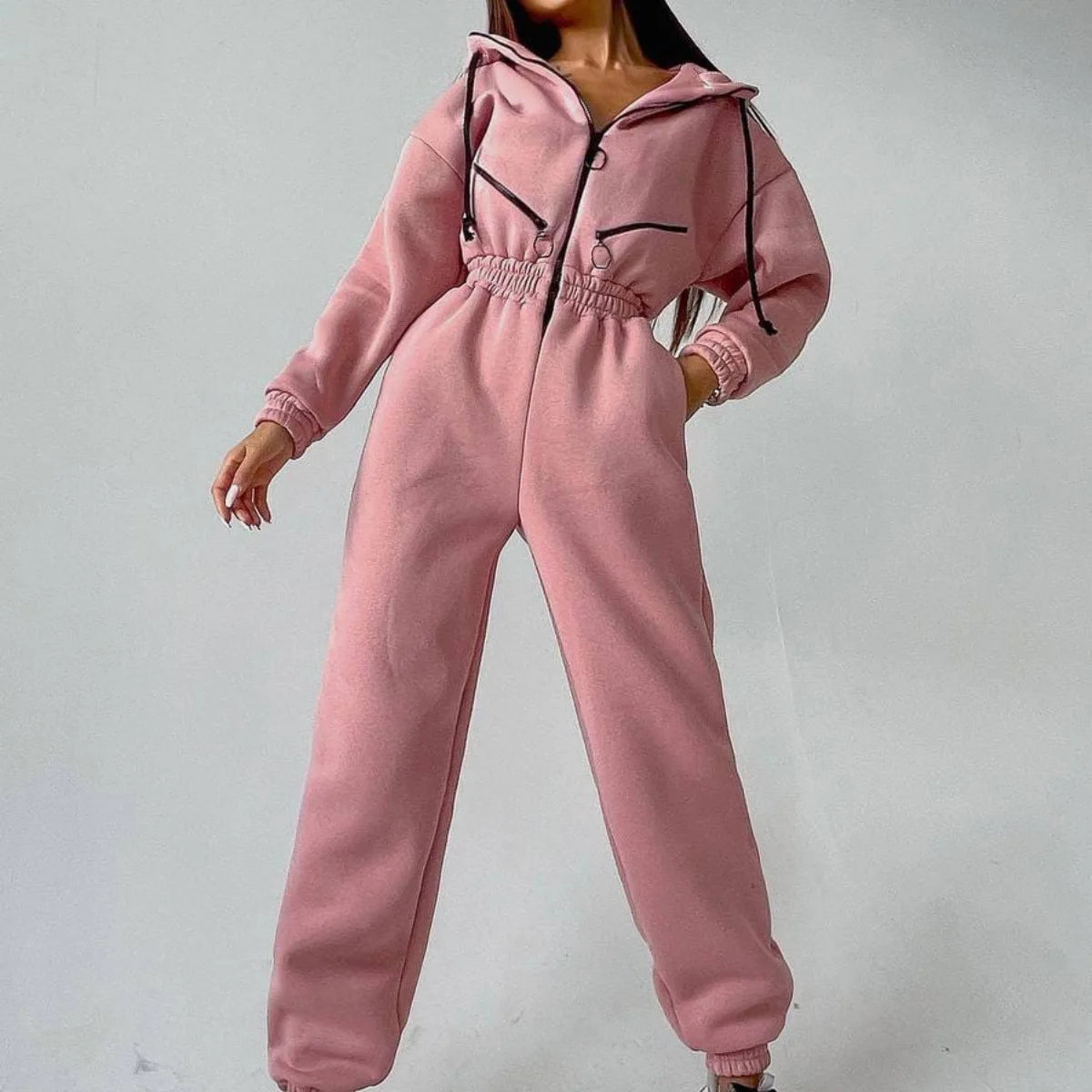 Casual Long Sleeve Hooded Jumpsuit With Pockets for Women