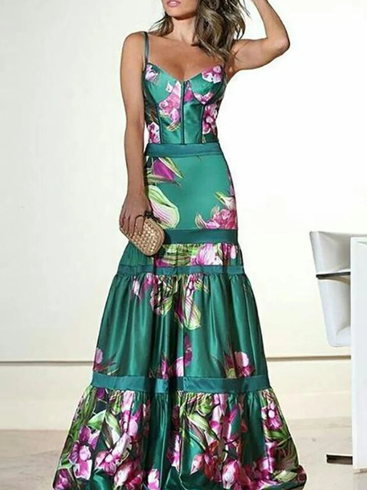 New Dresses Summer For Women 2022 Sleeveless Long Party Dress Printed Sexy Deep V-Neck Patchwork Ladies Sling Dress Dropshipping