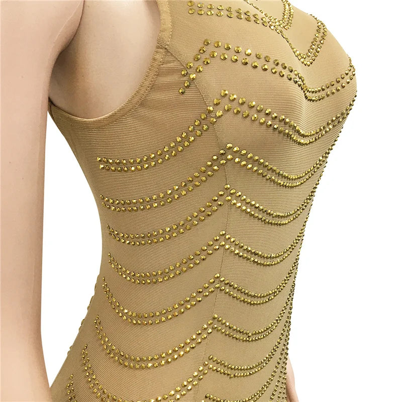 Backless Crystal Rhinestone See Through Bodycon Maxi Dress for Women