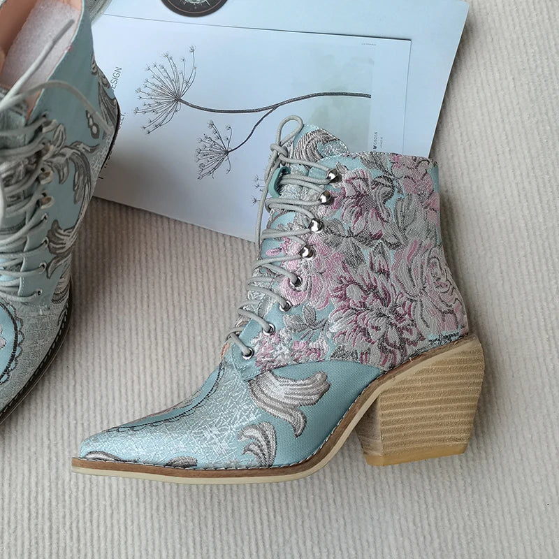 Blue Embroidered Floral Plus Size Ankle Boots for Women