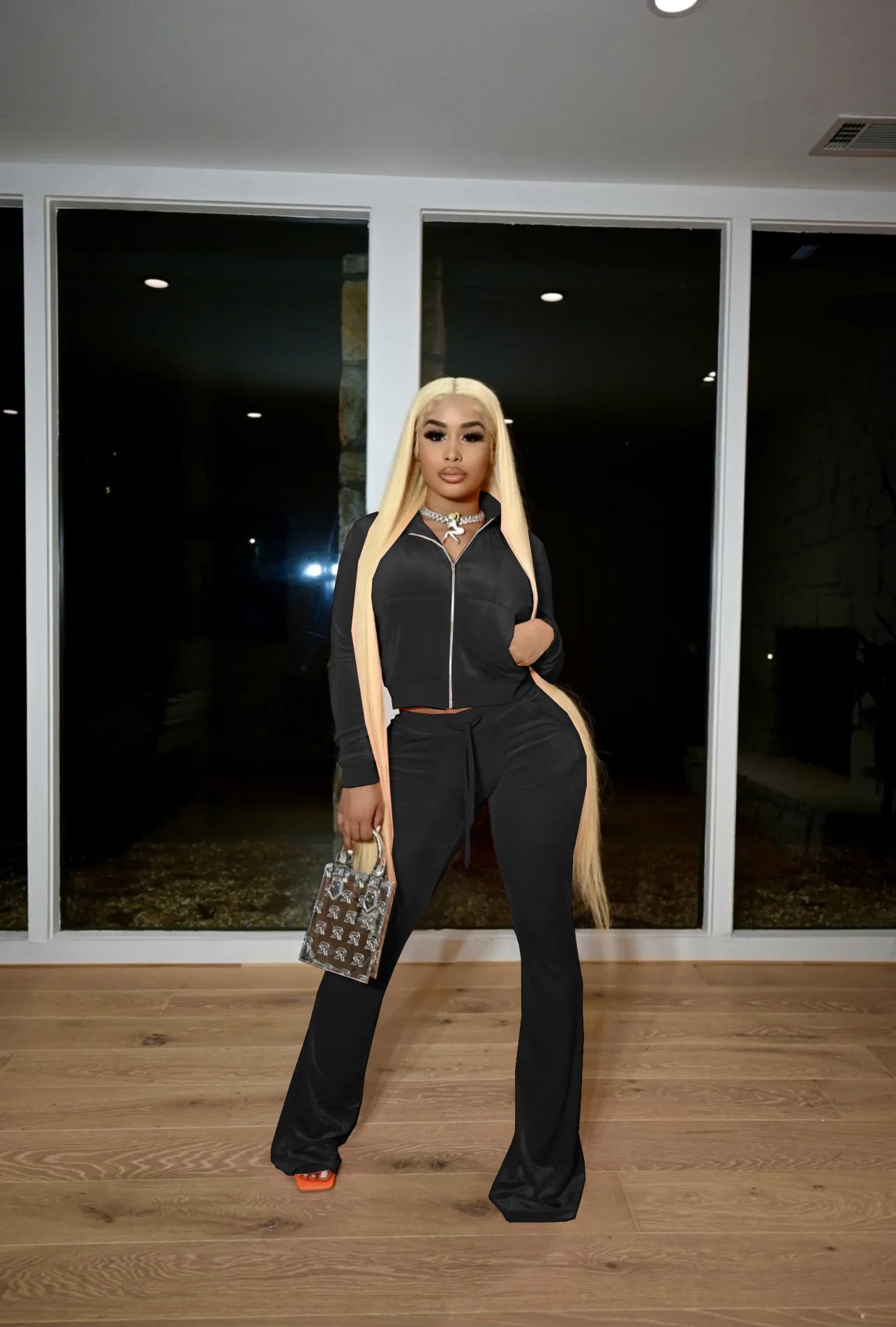 Zippered Turtleneck Velour Two Piece Wide Leg Set for Women