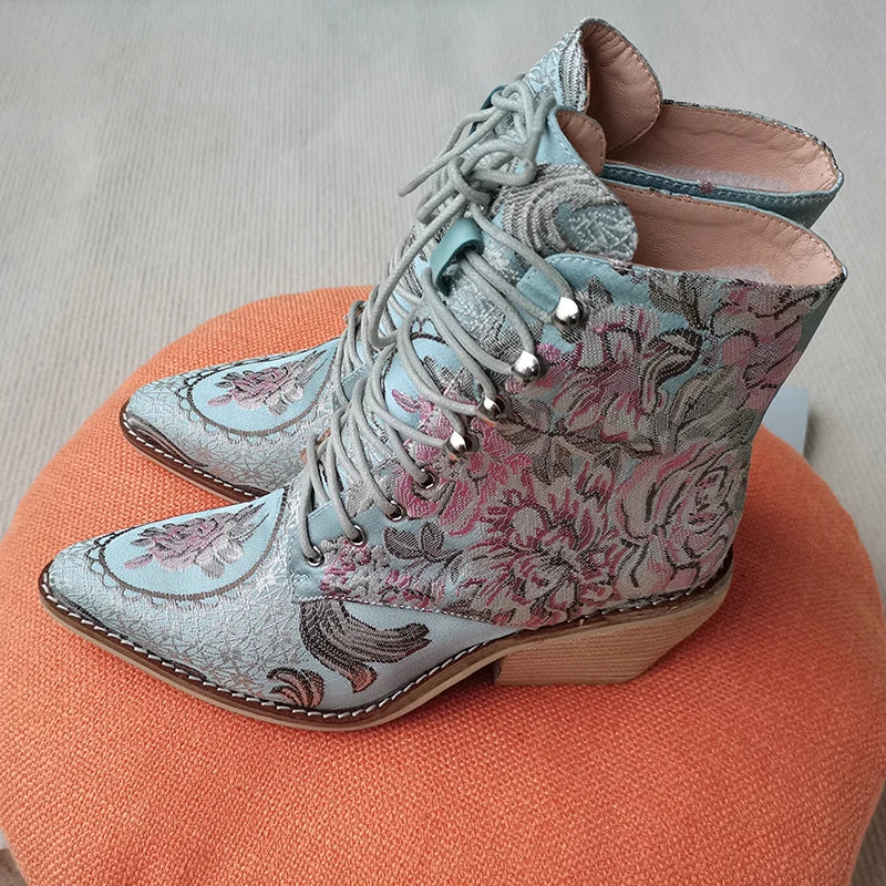 Blue Embroidered Flower Chinese Style Ankle Boots For Women