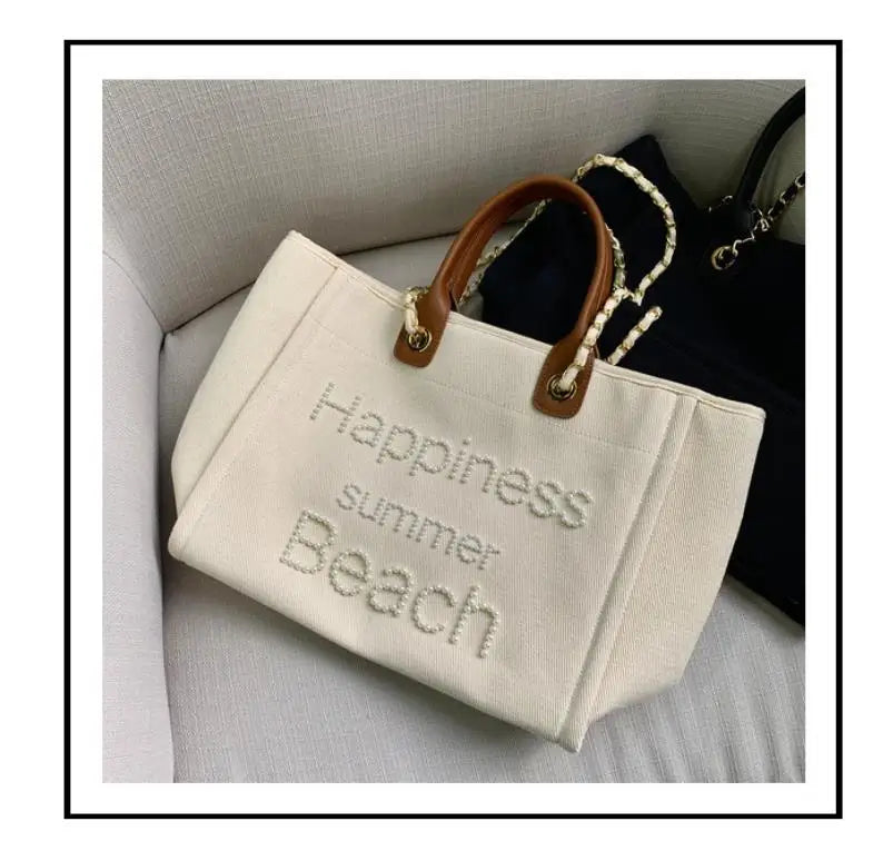 New Women Tote Bag Fashion Canvas Large Handbag Chains Genuine Leather Shoulder Bags Ladies Big Messenger Bag Shopping Bag
