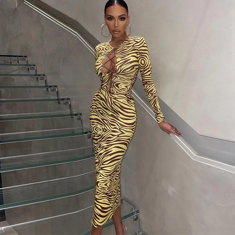 Zebra Print Hollow Out Bodycon Midi Dress for Women
