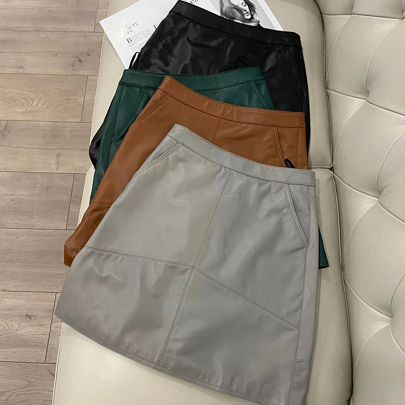 Woman Skirts Elegant 2025 New Fashion Korean Style Genuine Real Leather Skirts High Waist Mini Skirt Womens