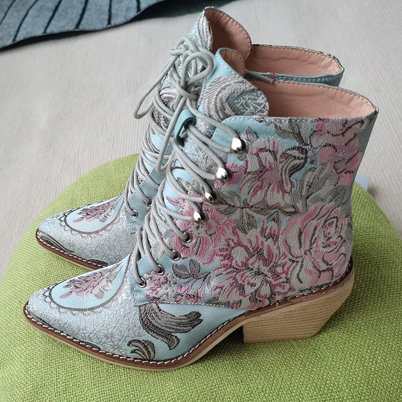 Blue Embroidered Flower Chinese Style Ankle Boots For Women